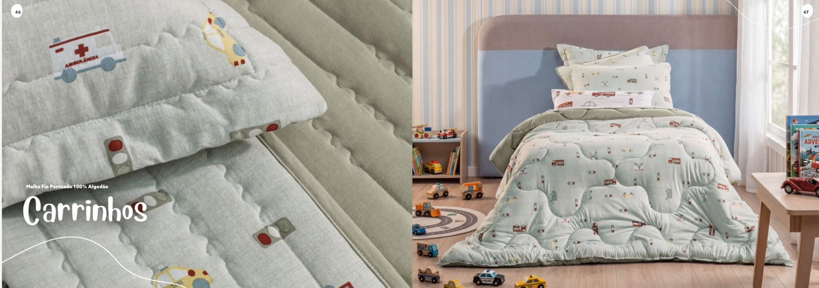 Colcha infantil Carrinhos em malha fio penteado 100% algodão, com fronhas combinando