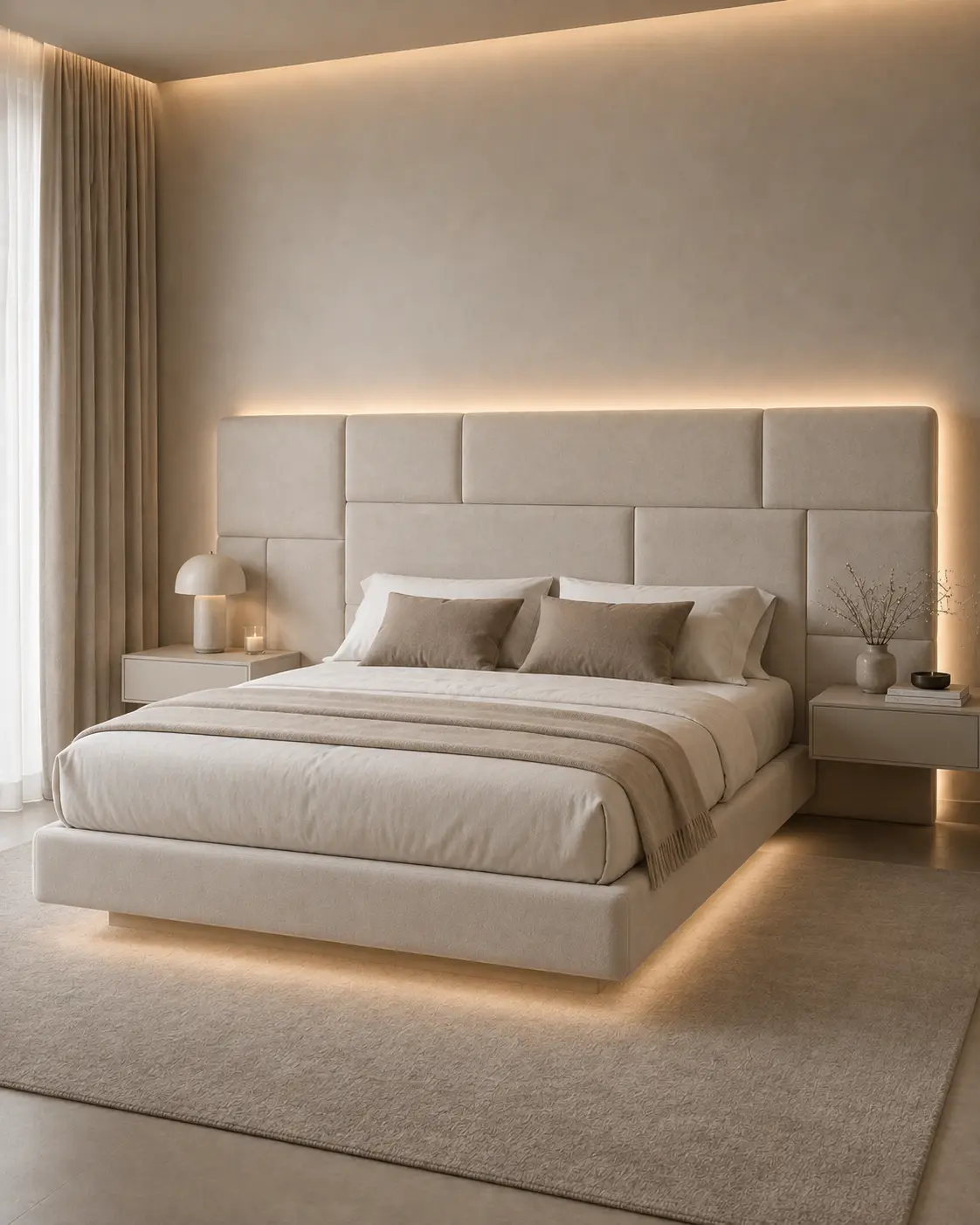 Projeto personalizado: painel de cabeceira em placas retangulares off-white com base box estofada e LED