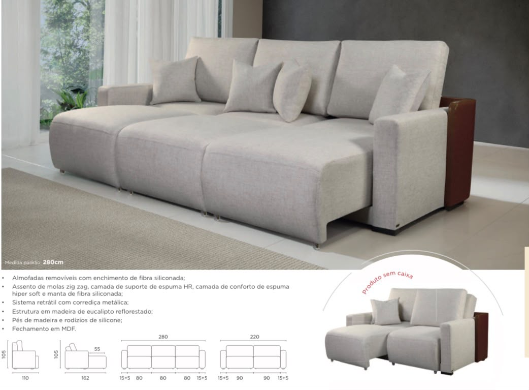 Sofá retrátil 280 cm com detalhe em couro terracota, assento de molas zig zag, espuma HR, hiper soft e manta siliconada, corrediça metálica, pés de madeira com rodízios de silicone — também na versão 220 cm