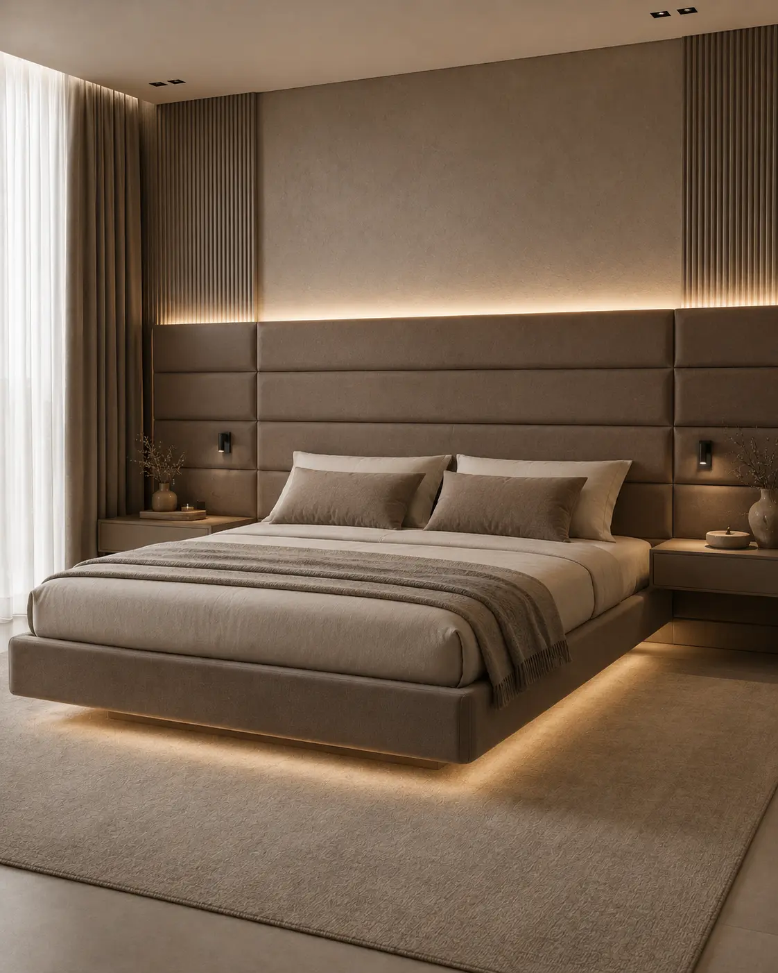 Projeto personalizado: painel de cabeceira ripado em tons taupe com base box estofada e iluminação indireta