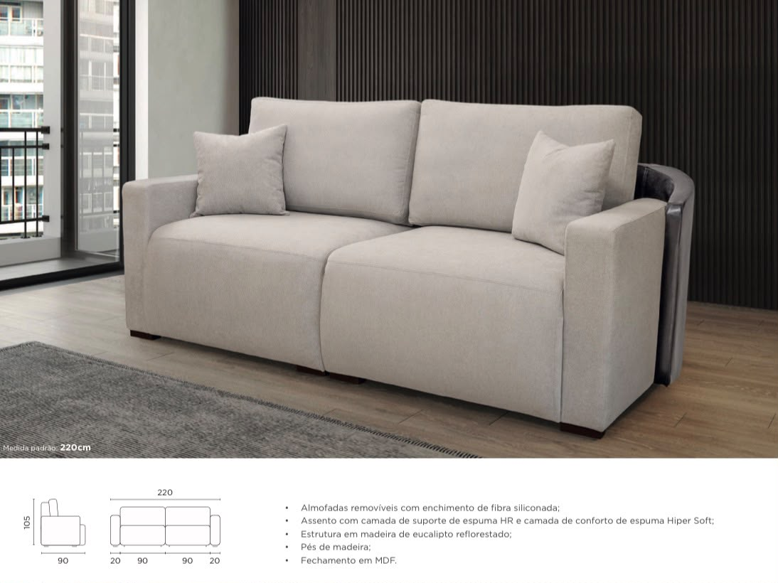 Sofá 2 lugares  220 cm, almofadas removíveis com fibra siliconada, assento com espuma HR e camada de conforto Hiper Soft, estrutura em eucalipto reflorestado, pés de madeira e fechamento em MDF  ref.1082