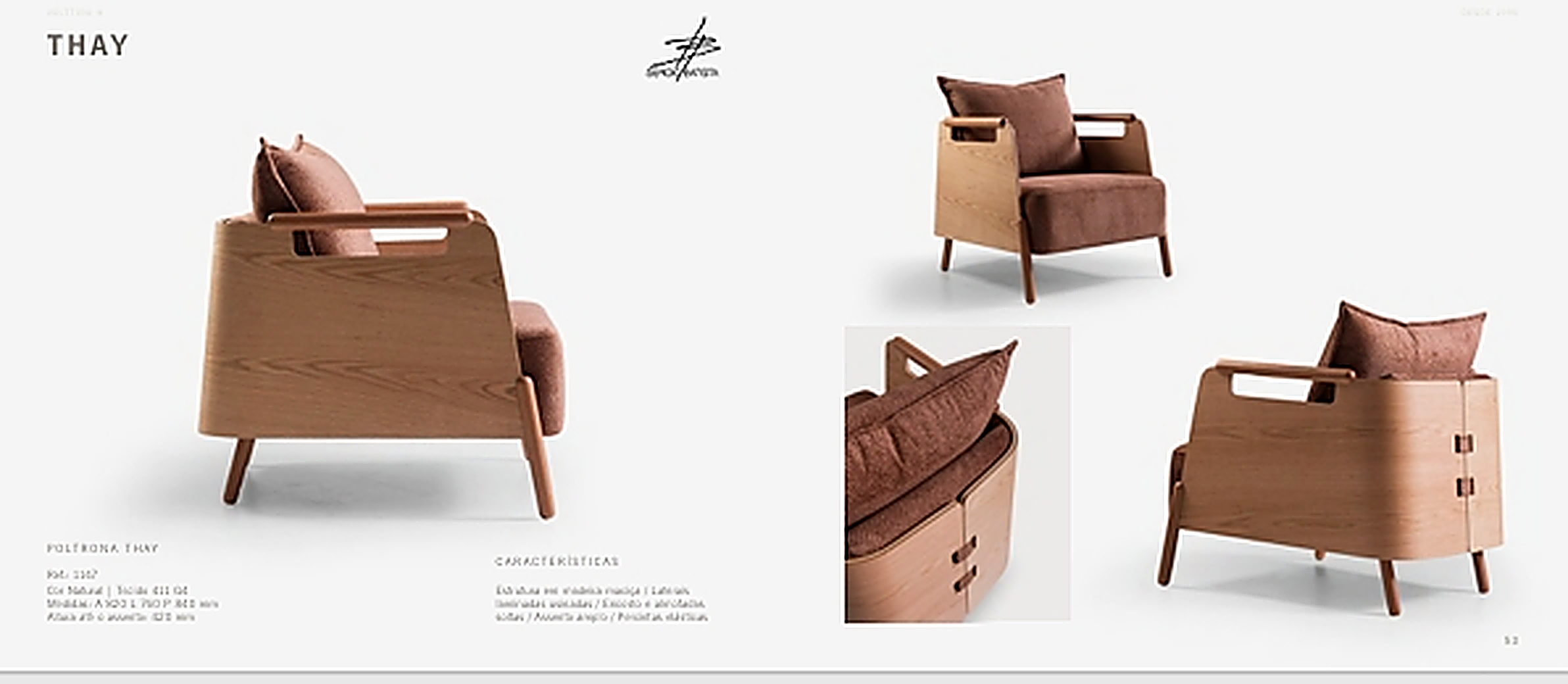 Poltrona Thay em madeira maciça com laterais laminadas e estofado terracota — catálogo Volttoni
