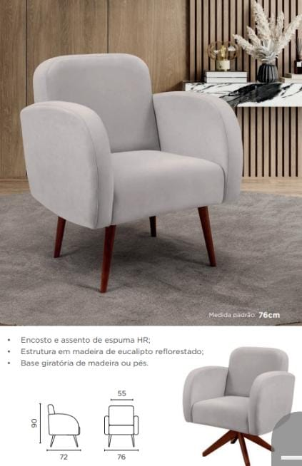 Poltrona cinza com braços e base giratória de madeira