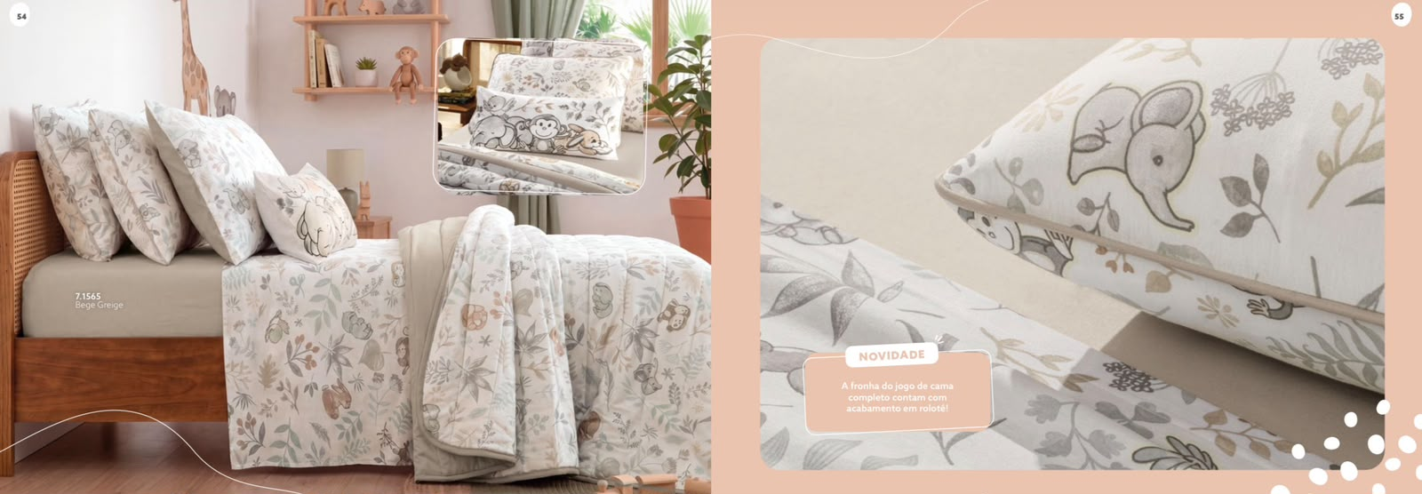 Jogo de cama e colcha infantil bege greige com estampa de bichinhos — fronhas com acabamento em rolotê
