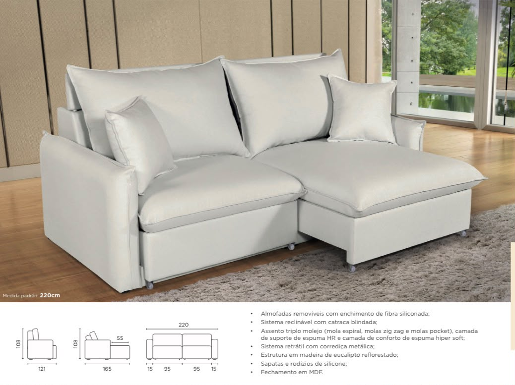 Sofá retrátil e reclinável off white — 220 cm, catraca blindada, assento triplo molejo (mola espiral, zig zag e pocket), espuma HR e hiper soft, almofadas removíveis em fibra siliconada, corrediça metálica, sapatas e rodízios de silicone