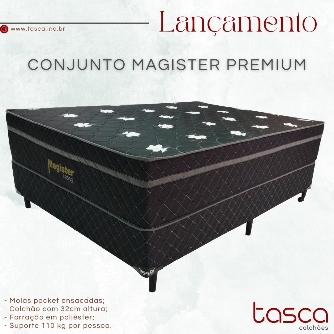 Conjunto Magister Premium Tasca — molas pocket ensacadas, colchão com 32 cm de altura, forração em poliéster, suporte de 110 kg por pessoa