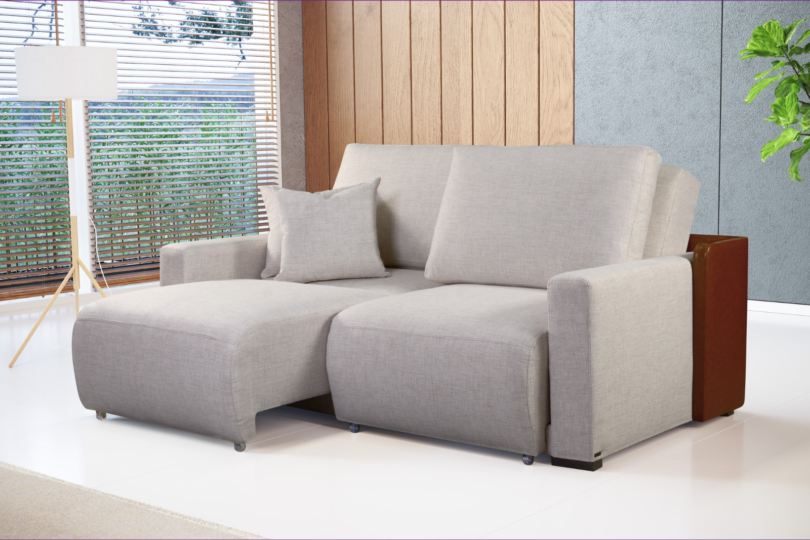 Sofá retrátil bege com chaise aberta