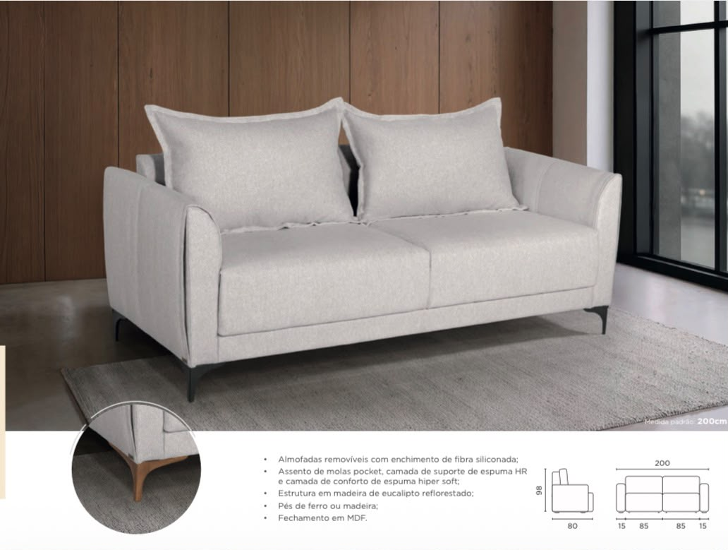 Sofá fixo 2 lugares off white — 200 cm, assento de molas pocket, espuma HR e hiper soft, almofadas removíveis em fibra siliconada, pés de ferro ou madeira