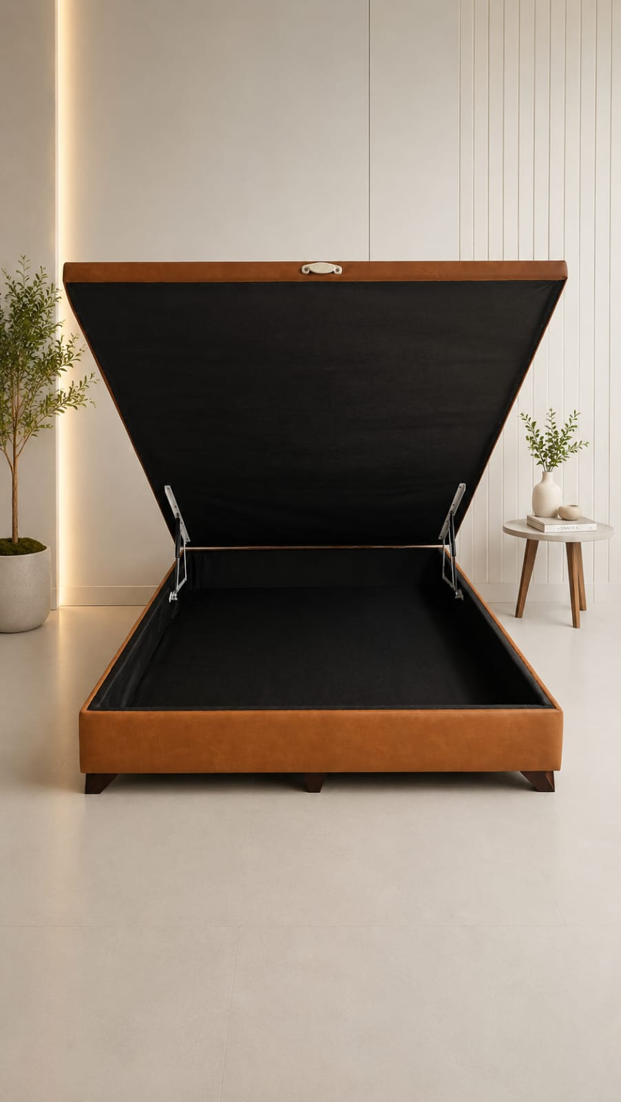 Cama box baú caramelo com tampa aberta