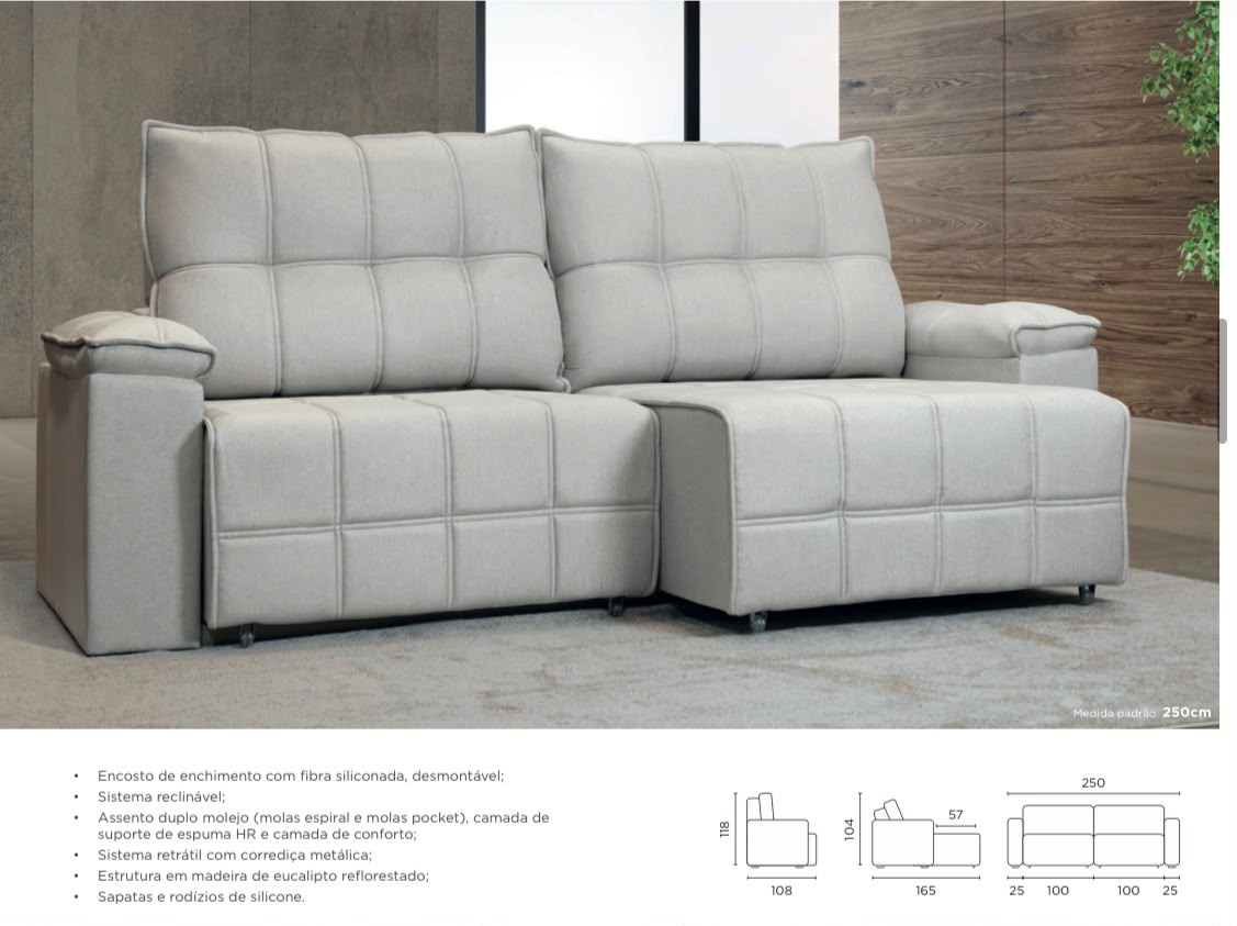 Sofá retrátil e reclinável  250 cm, encosto desmontável em fibra siliconada, assento duplo molejo (molas espiral), camada de espuma HR e conforto, corrediça metálica, eucalipto reflorestado, sapatas e rodízios de silicone  ref.1062
