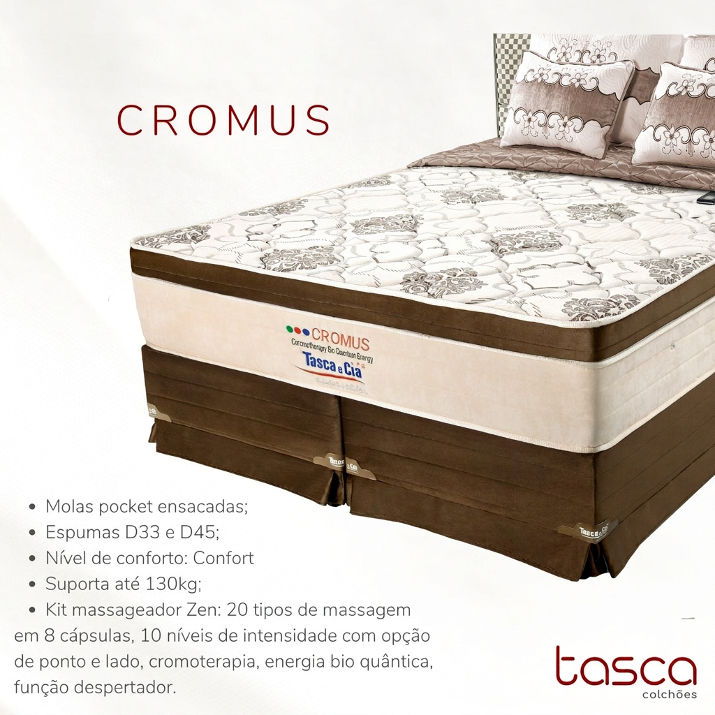 Conjunto Cromus Tasca e Cia — molas pocket ensacadas, espumas D-33 e D-45, nível de conforto Confort, suporta até 130 kg. Kit massageador Zen: 20 tipos de massagem em 8 cápsulas, 10 níveis de intensidade com opção de ponto e lado, cromoterapia, energia bio quântica e função despertador